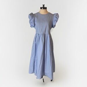 English Factory Puff-Sleeve Smocked Midi‎ Dress Baby Blue M
